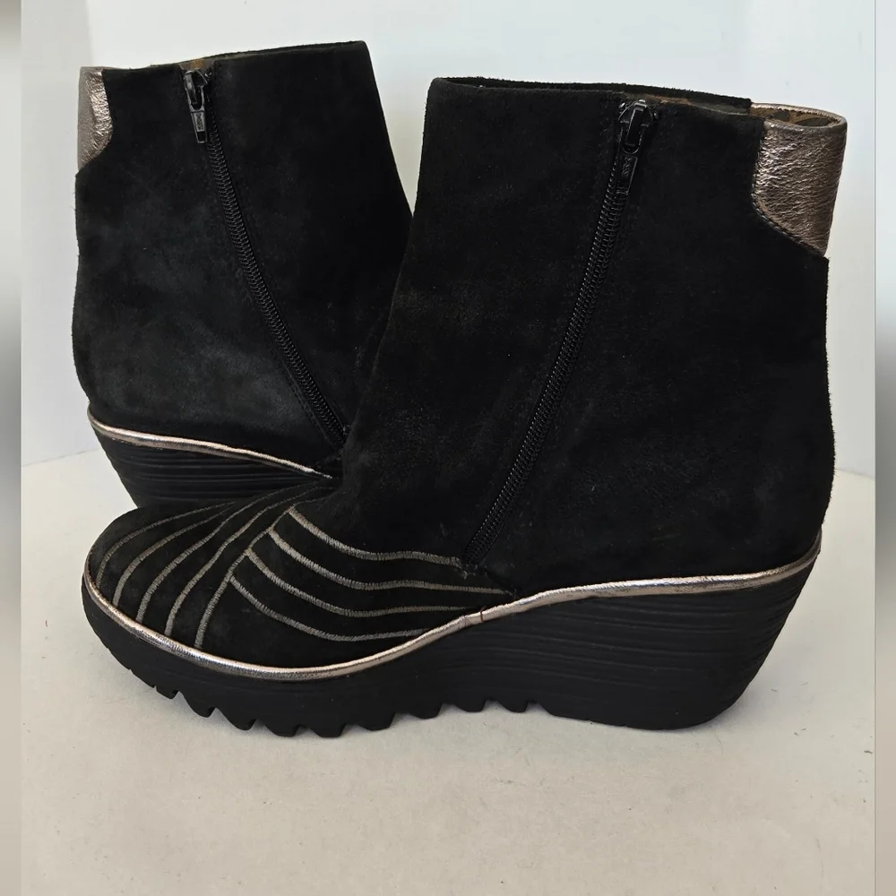 Fly London Yave Black Suede Leather Wedge Chelsea Ankle Boots
